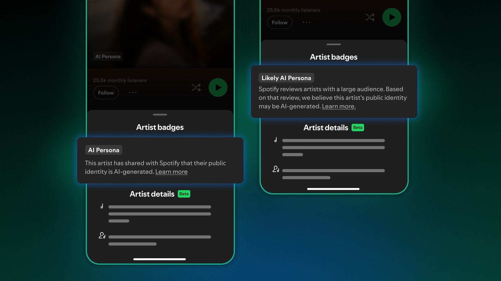 Два варіанти значка на профілі артиста у Spotify: AI Persona та Likely AI Persona